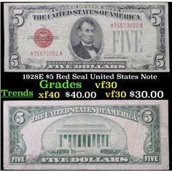 1928E $5 Red Seal United States Note Grades vf++