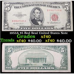 1953A $5 Red Seal United States Note Grades xf