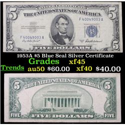 1953A $5 Blue Seal Silver Certificate Grades vf++