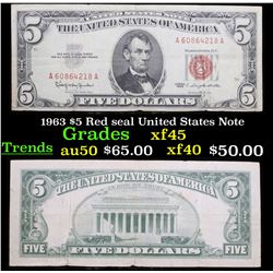 1963 $5 Red seal United States Note Grades xf+