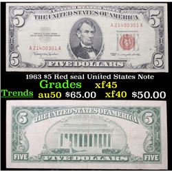 1963 $5 Red seal United States Note Grades xf+