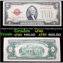 1928D $2 Red seal United States Note, Signatures Juilian/Morganthau Grades xf