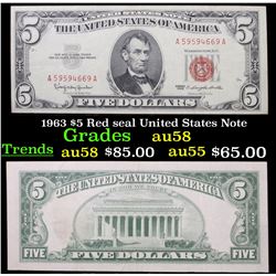 1963 $5 Red seal United States Note Grades xf+