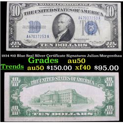 1934 $10 Blue Seal Silver Certificate Signatures Julian/Morgenthau Grades AU, Almost Unc