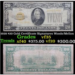 1928 $20 Gold Certificate Signatures Woods/Mellon Grades vf++