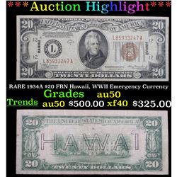 ***Auction Highlight*** RARE 1934A $20 FRN Hawaii, WWII Emergency Currency Grades AU, Almost Unc (fc