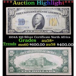 ***Auction Highlight*** 1934A $10 Silver Certificate North Africa Grades Choice AU/BU Slider+ (fc)