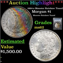 ***Auction Highlight*** PCGS 1884-o Monster Rainbow Toned Morgan Dollar $1 Graded ms62 By PCGS (fc)
