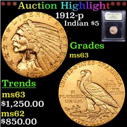 ***Auction Highlight*** 1912-p Gold Indian Half Eagle $5 Graded Select Unc By USCG (fc)