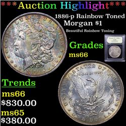 ***Auction Highlight*** 1886-p Rainbow Toned Morgan Dollar $1 Graded GEM+ Unc By USCG (fc)