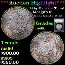 ***Auction Highlight*** 1887-p Rainbow Toned Morgan Dollar $1 Graded GEM+ Unc By USCG (fc)