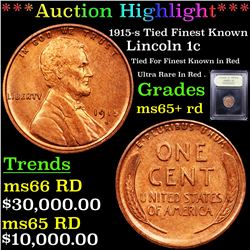 ***Auction Highlight*** 1915-s Tied Finest Known Lincoln Cent 1c Graded Gem+ Unc RD By USCG (fc)