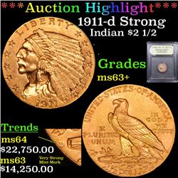 ***Auction Highlight*** 1911-d Strong Gold Indian Quarter Eagle $2 1/2 Graded Select+ Unc By USCG (f