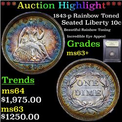 ***Auction Highlight*** 1845-p Rainbow Toned Seated Liberty Dime 10c Graded Select+ Unc By USCG (fc)