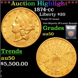 ***Auction Highlight*** 1874-cc Gold Liberty Double Eagle $20 Graded AU, Almost Unc By USCG (fc)