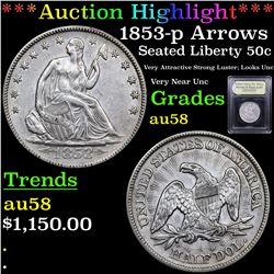 ***Auction Highlight*** 1853-p Arrows & Rays Seated Half Dollar 50c Graded Choice AU/BU Slider By US