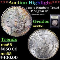 ***Auction Highlight*** 1885-p Rainbow Toned Morgan Dollar $1 Graded GEM+ Unc By USCG (fc)