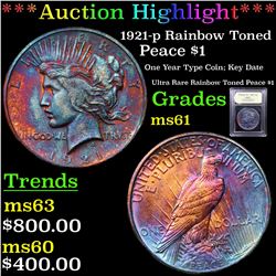 ***Auction Highlight*** 1921-p Rainbow Toned Peace Dollar $1 Graded BU+ By USCG (fc)