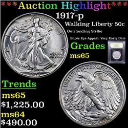 ***Auction Highlight*** 1917-p Walking Liberty Half Dollar 50c Graded GEM Unc By USCG (fc)