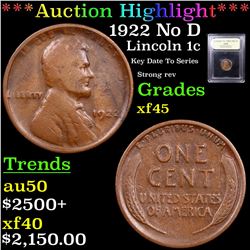 ***Auction Highlight*** 1922 No D Lincoln Cent 1c Graded xf+ By USCG (fc)