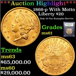 * Highlight Of Entire Auction* 1866-p W/ Motto Gold Liberty $20 Graded BU+ By USCG (fc)