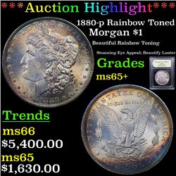 ***Auction Highlight*** 1880-p Rainbow Toned Morgan Dollar $1 Graded GEM+ Unc By USCG (fc)