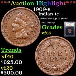 ***Auction Highlight*** 1909-s Indian Cent 1c Graded vf++ By USCG (fc)