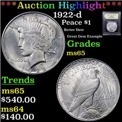 ***Auction Highlight*** 1922-d Peace Dollar $1 Graded GEM Unc By USCG (fc)