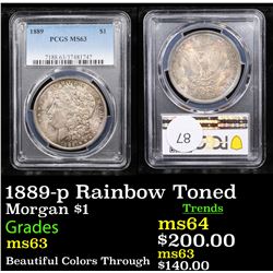 PCGS 1889-p Rainbow Toned Morgan Dollar $1 Graded ms63 By PCGS