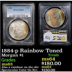 PCGS 1884-p Rainbow Toned Morgan Dollar $1 Graded ms63 By PCGS