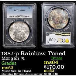 PCGS 1887-p Rainbow Toned Morgan Dollar $1 Graded ms63 By PCGS