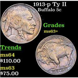 1913-p Ty II Buffalo Nickel 5c Grades Select+ Unc