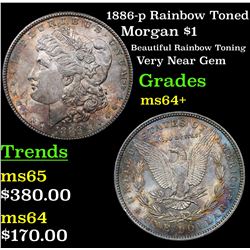 1886-p Rainbow Toned Morgan Dollar $1 Grades Choice+ Unc