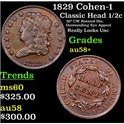 1829 Cohen-1 Classic Head half cent 1/2c Grades Choice AU/BU Slider+