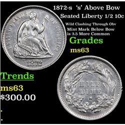 1872-s  's' Above Bow Seated Liberty Half Dime 1/2 10c Grades Select Unc