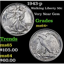 1943-p Walking Liberty Half Dollar 50c Grades Choice+ Unc