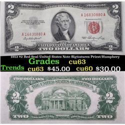 1953 $2 Red Seal United States Note Signatures Priest/Humphery Grades Select CU