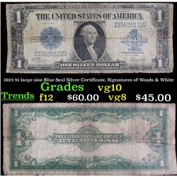 1923 $1 large size Blue Seal Silver Certificate, Signatures of Woods & White Grades vg+