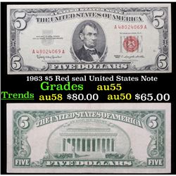 1963 $5 Red seal United States Note Grades xf+