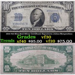 1934 $10 Blue Seal Silver Certificate Signatures Julian/Morgenthau Grades vf++