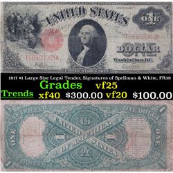 1917 $1 Large Size Legal Tender, Signatures of Spellman & White, FR39  Grades vf+