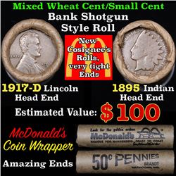 Mixed small cents 1c orig shotgun roll, 1917-d Wheat Cent, 1895 Indian Cent other end,McDnalds Wrapp