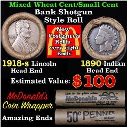 Mixed small cents 1c orig shotgun roll, 1918-s Wheat Cent, 1890 Indian Cent other end, McDnalds Wrap