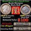 Image 1 : Mixed small cents 1c orig shotgun roll, 1918-s Wheat Cent, 1890 Indian Cent other end, McDnalds Wrap