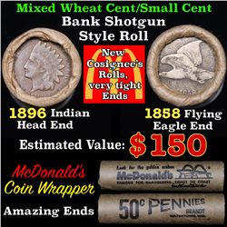 Mixed small cents 1c orig shotgun roll, 1858 Flying Eagle Cent, 1896 Indian Cent other end, McDnalds