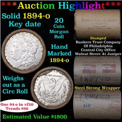 ***Auction Highlight*** Full solid Key date 1894-o Morgan silver dollar roll, 20 coins (fc)