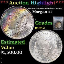 ***Auction Highlight*** PCGS 1884-o Monster Rainbow Toned Morgan Dollar $1 Graded ms62 By PCGS (fc)