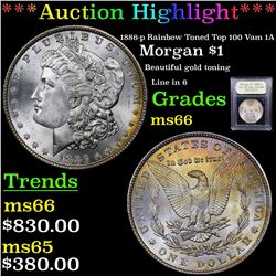 ***Auction Highlight*** 1886-p Rainbow Toned Top 100 Vam 1A Morgan Dollar $1 Graded GEM+ Unc BY USCG