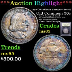 ***Auction Highlight*** 1893 Columbian Rainbow Toned Old Commem Half Dollar 50c Graded GEM Unc By US