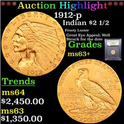 ***Auction Highlight*** 1912-p Gold Indian Quarter Eagle $2 1/2 Graded Select+ Unc By USCG (fc)